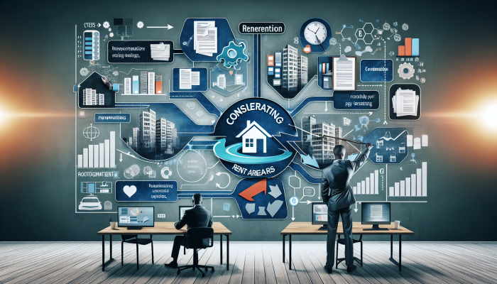 Consolidate Rent Arrears: A Vital Guide for Tenants | DCL Infographic illustrating the rent arrears consolidation process with charts, timelines, and various legal and financial elements.