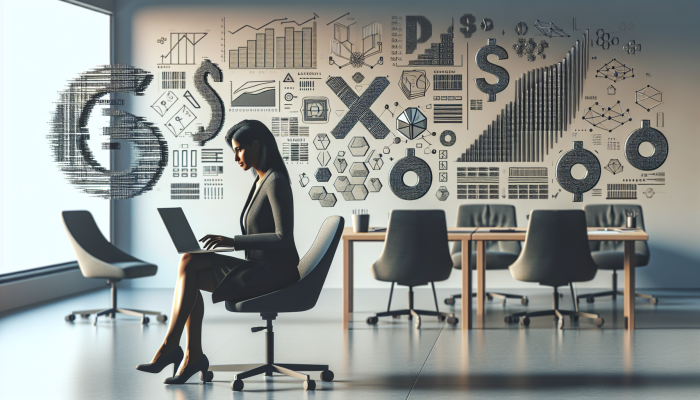 An individual utilising a debt consolidation calculator on a laptop amidst financial charts within a minimalist office environment.