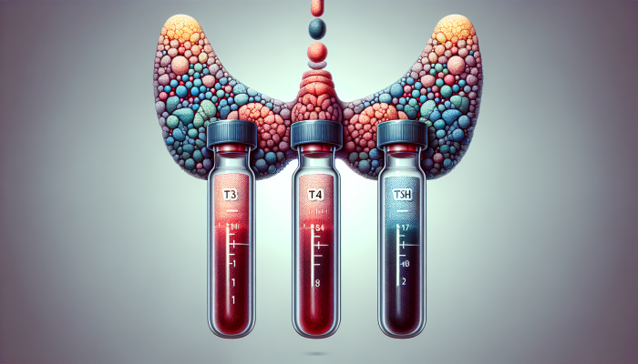 Thyroid Blood Test in Southampton: Illustration of thyroid blood test vials labeled T3, T4, TSH, with thyroid gland model showing hypo and hyperthyroidism symptoms.