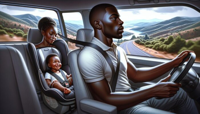 Child securely fastened in car seat, family driving safely on scenic road, emphasising child safety.