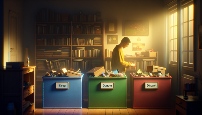 A person sorting sentimental items into 'keep', 'donate', 'discard' boxes, reflecting in a softly lit room.