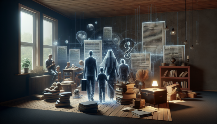 A family amidst legal documents and personal items, managing probate and estate clearance complexities.