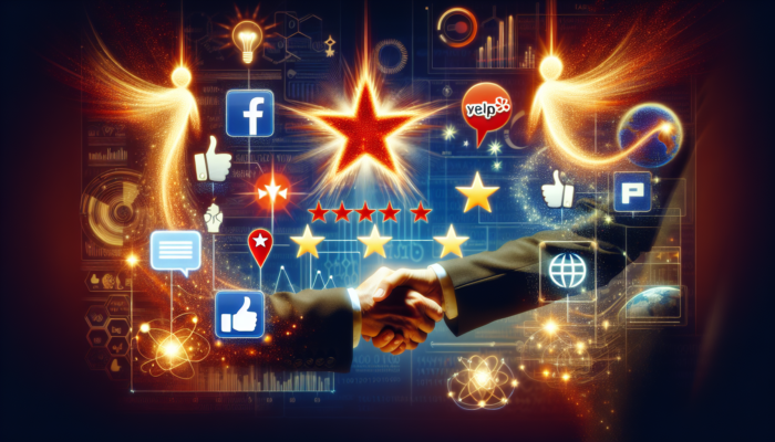 A digital dashboard displaying customer reviews improving local business search rankings with Google, Yelp, and Facebook icons.