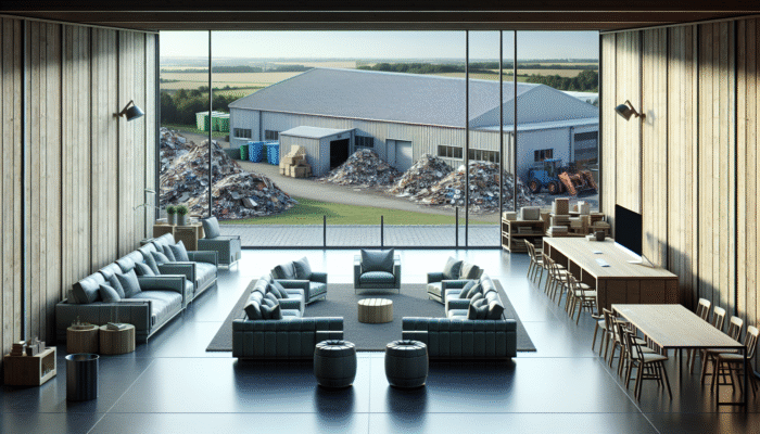 A modern living room with substantial furniture being evaluated for disposal; a UK recycling centre visible through the window.
