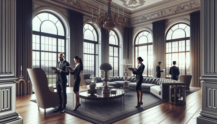Dedicated team executing luxury house clearance with tablets in a sophisticated living space.
