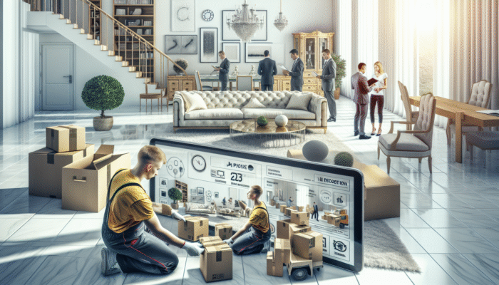 Professionals carefully packing high-value items in a luxury residence, clients discussing clearance schedules.