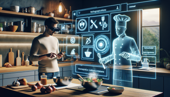 Person using AR app in the kitchen with holographic instructions and a virtual chef demonstrating cooking techniques.