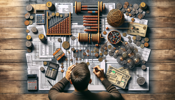 An individual meticulously compiling a comprehensive list of debts on a cluttered desk, surrounded by financial documents and a calculator.