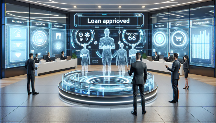 Debt Consolidation Loans with Fast Approval: Quick Solutions | DCL Futuristic bank with holographic displays for swift loan approvals, satisfied customers, modern architecture.