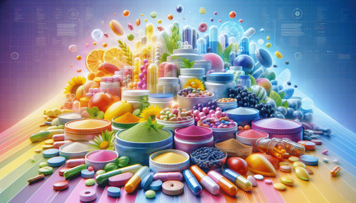 A vibrant selection of dietary supplements in capsules, tablets, and powders against a colourful background.