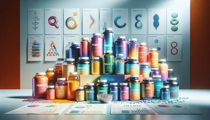 Variety of specialty supplement containers featuring probiotics, omega-3, and protein powders against a health-focused backdrop.