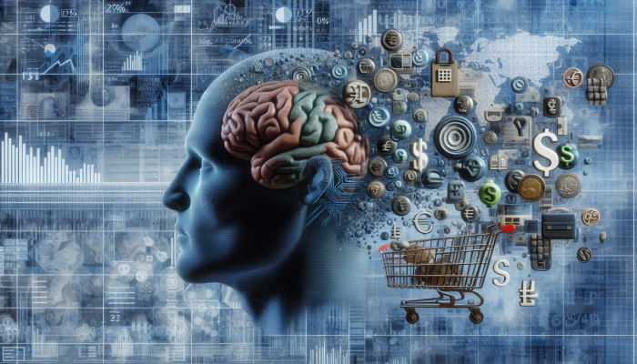 A mind morphing into currency symbols and shopping carts against abstract financial graphs.