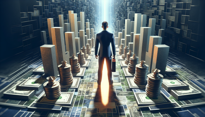 A person confidently standing on a path with organized money stacks and debt consolidation documents, symbolising financial clarity and control.