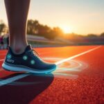 Close-up of a person wearing the black Xero XB+ SmartShoe, showcasing digital elements on a track. The shoe displays glowing icons and the brand name "Xero." In the background, a group runs, with a digital clock showing 14:06—ideal for sensor-driven running form optimisation unveiled at CES 2025.