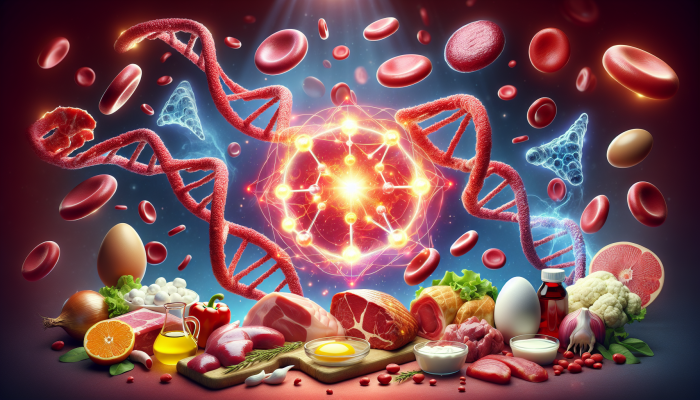 A collage of meat, fish, eggs, and dairy surrounding a cobalamin molecule, with red blood cells and DNA.