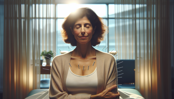 A serene acupuncture session in a London oncology centre, helping a patient with metastatic breast cancer find relief and improve well-being.