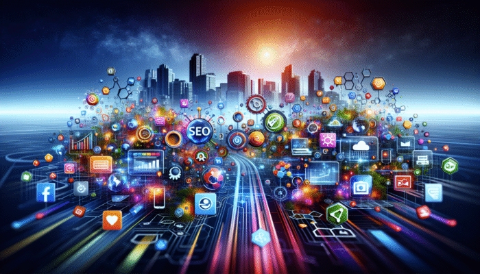 Internet Marketing: A vibrant digital landscape showcasing SEO, content marketing, and social media icons against a modern city skyline.
