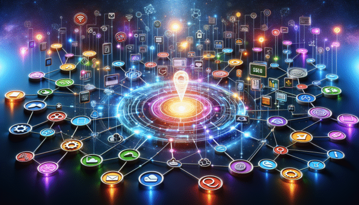 A vibrant digital landscape showcasing SEO, social media, content marketing, and email campaigns converging to a central icon of internet marketing success.