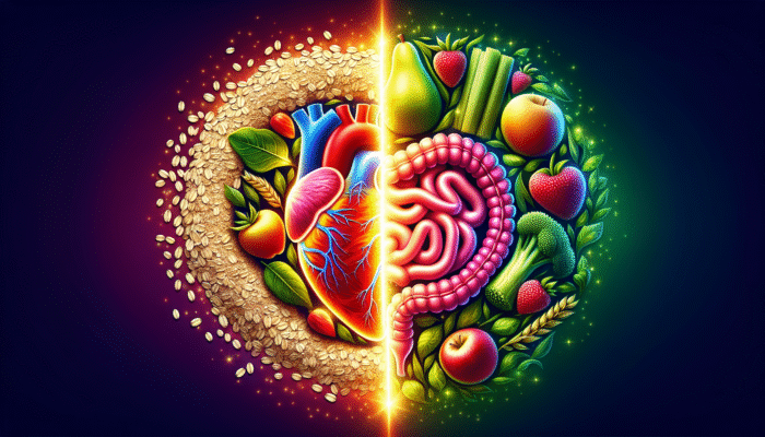 Image illustrating soluble fiber from oats and fruits improving heart health, and insoluble fiber from vegetables enhancing digestive health.