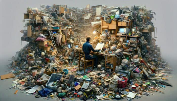 A thoughtful individual categorising various items on a clipboard in a cluttered home.