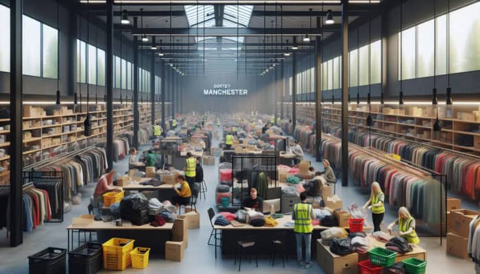 A bustling donation centre in Manchester with volunteers sorting clothing, furniture, and electronics, fostering community and environmental care.