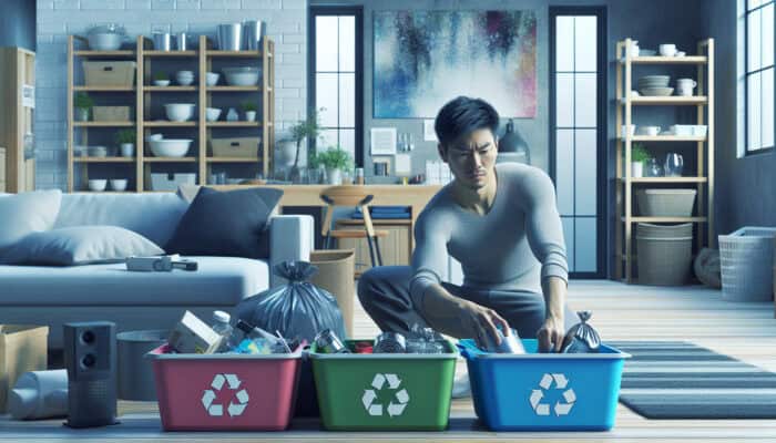 Individual sorting household items into bins for recycling, reuse, and waste during a winter clearance in a cluttered living environment.