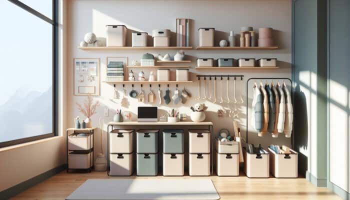 A minimalist room featuring organised storage solutions such as bins, shelves, hooks, and labelled containers for seasonal items.