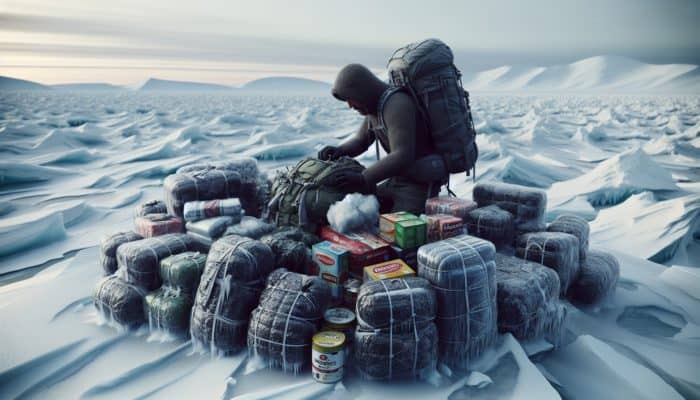 Person packing a backpack with insulated clothing, waterproof layers, tent, and high-calorie foods for tundra survival.