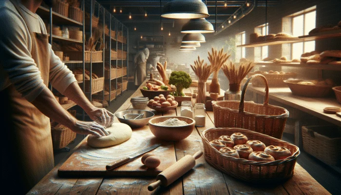 Local artisan bakery showcasing organic ingredients, daily bread-baking, and sustainable practices, appealing to quality-conscious customers.