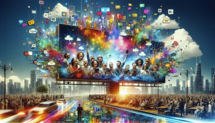 "Share Your Experience!" billboard showcasing happy customers on devices, colourful speech bubbles, and a vibrant cityscape.