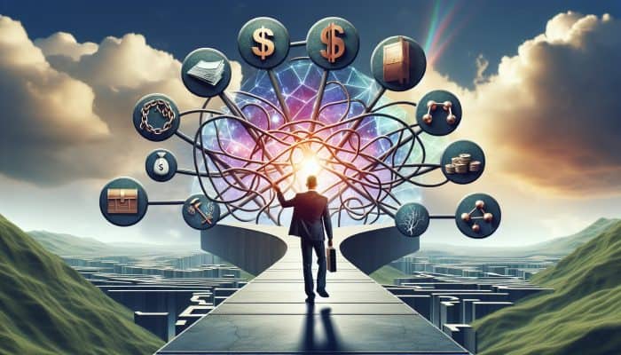 Essential Vocabulary for Navigating Debt Consolidation: A Beginner's Guide | DCL A person confidently navigating a clear path through a complex financial landscape with labeled signposts under a bright sky.