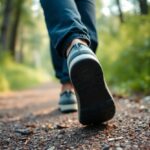 A close-up view of a person walking on a gravel path in a forest, showcasing the sole of one shoe and the lower part of their pants. The surroundings are lush green and slightly blurred.