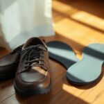 Brown leather shoes with black soles are placed on a wooden floor illuminated by sunlight. Next to the shoes are a pair of blue insoles, positioned beside the shoes. A white curtain is partially visible in the background.