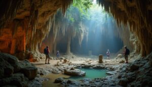 Four individuals with backpacks stand within the majestic ATM Cave Belize, surrounded by stalactites, rocky formations, and a small pool of water. Sunlight streams through an opening above, illuminating the centre like a true Adventure Guide’s dream.