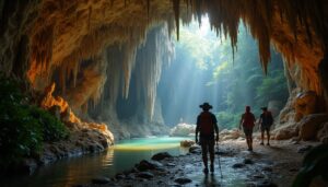 Three adventurers equipped with backpacks and hats stroll through the majestic ATM Cave Belize, beside a shallow stream. Sunlight streams in from the entrance, illuminating rocky walls and lush greenery—an adventure guide leads them past ancient stalactites.
