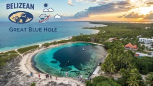Aerial view of the Great Blue Hole near the coast with people by the water, surrounded by greenery. Text on the image reads "BELIZEAN GREAT BLUE HOLE" with illustrated map, sun, clouds, an airplane—perfect for your Belize travel adventures.