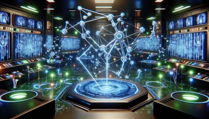 Utilise AI for Backlink Opportunity Analysis: Illuminated networks of AI algorithms evaluating vibrant nodes that signify backlinks in a futuristic control room, enhancing SEO.