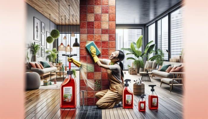A person using Brand C's affordable, refillable cleaner on quarry tiles in home and business settings.