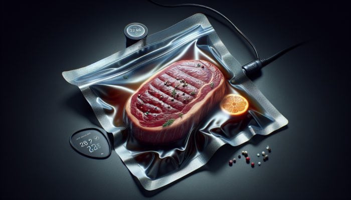 A perfectly cooked sous vide steak with a tender interior and a seared crust, accompanied by a vacuum-sealed bag and water bath.