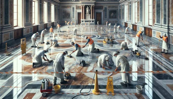Detailed cleaning and honing of historic marble floors at Buckingham Palace, integrating traditional and modern techniques.