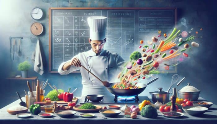 A chef skilfully stir-frying colourful vegetables and meat in a wok, with steam rising, in an inviting kitchen.