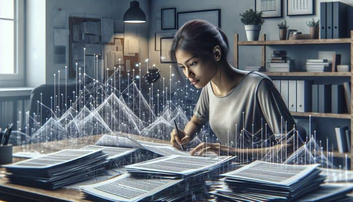 An individual analysing a financial chart and debt documents in a home office.