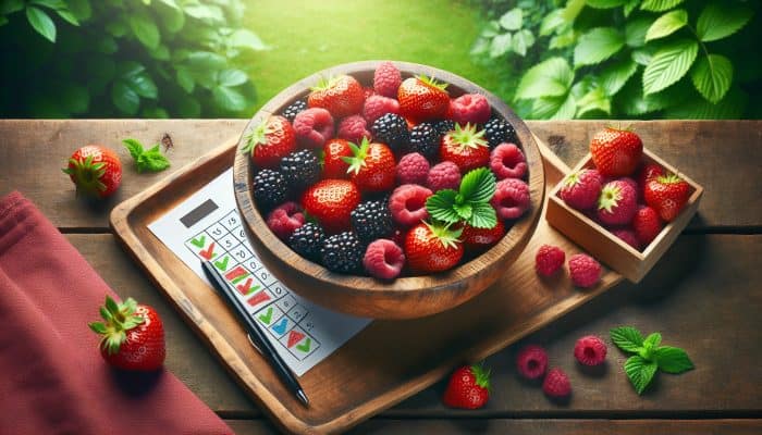 UK-grown strawberries, raspberries, and blackberries displayed in a rustic wooden bowl, symbolising health and wellness.