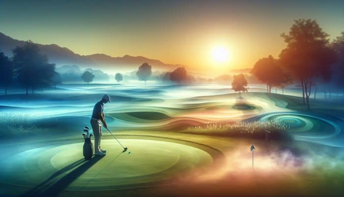A focused golfer at dawn on a tranquil course, practicing visualization amidst gentle mist and sunrise colors.
