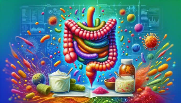 Illustration of gut microbiota with friendly bacteria in yogurt, kefir, sauerkraut, and kimchi, enhancing digestive health and immune function.