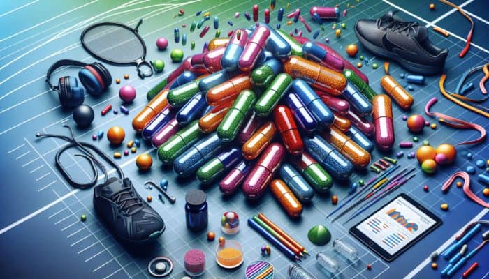 Colourful probiotic capsules with athletic gear, labeled for performance, on a dynamic sports background.