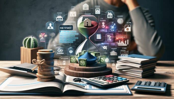 Person at desk budgeting, surrounded by financial charts and auto loan statement, marking extra payment dates on calendar.
