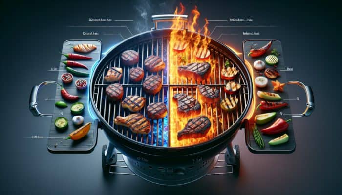 Best Beginner BBQ Books to Read: A grill showcasing direct and indirect heat zones, with steaks and vegetables searing on one side and chicken cooking slowly on the other.
