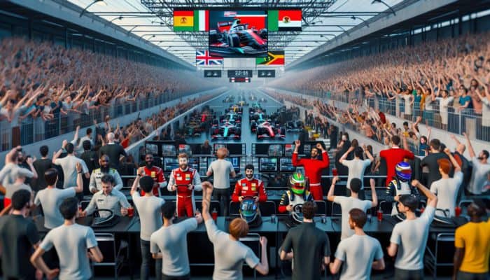 Grand Prix fan zone with racing simulators, fans in gear, and meet-and-greets with F1 legends.