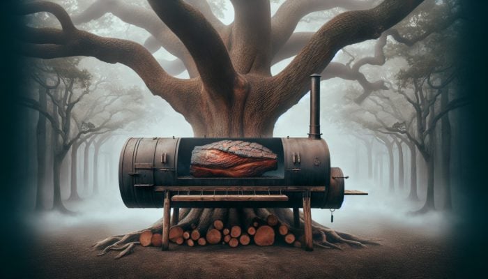Hickory tree in a smoky forest with wood fueling a rustic smoker for bold brisket.